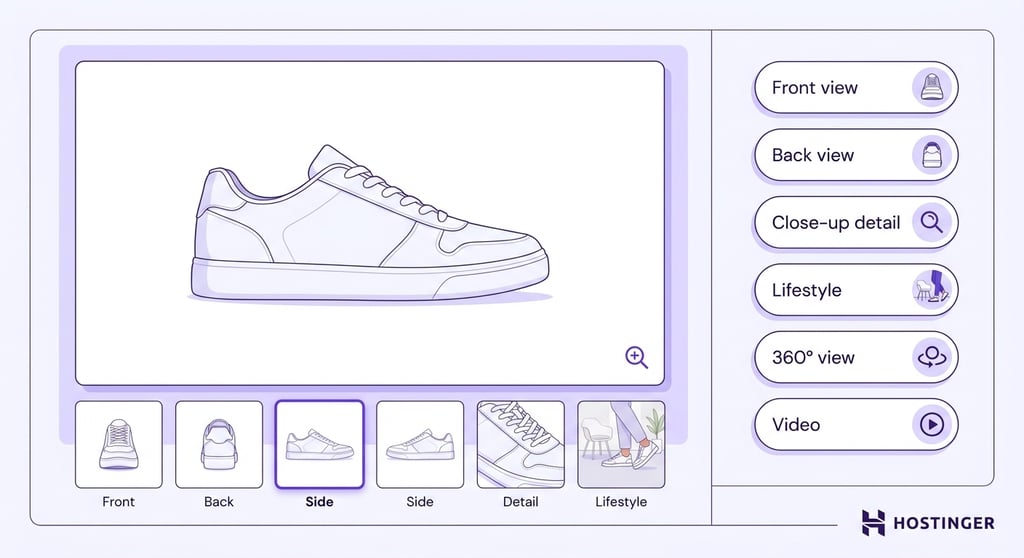 E-commerce product gallery layout showing a main viewer with zoom, a thumbnail strip of front, back, side, detail, and lifestyle shots, plus 360° view and video badges.