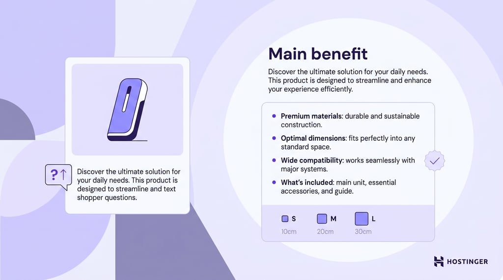 Ecommerce product description layout showing a benefit-led headline, scannable bullet points with practical details, and a sizing guide alongside a simplified product card.