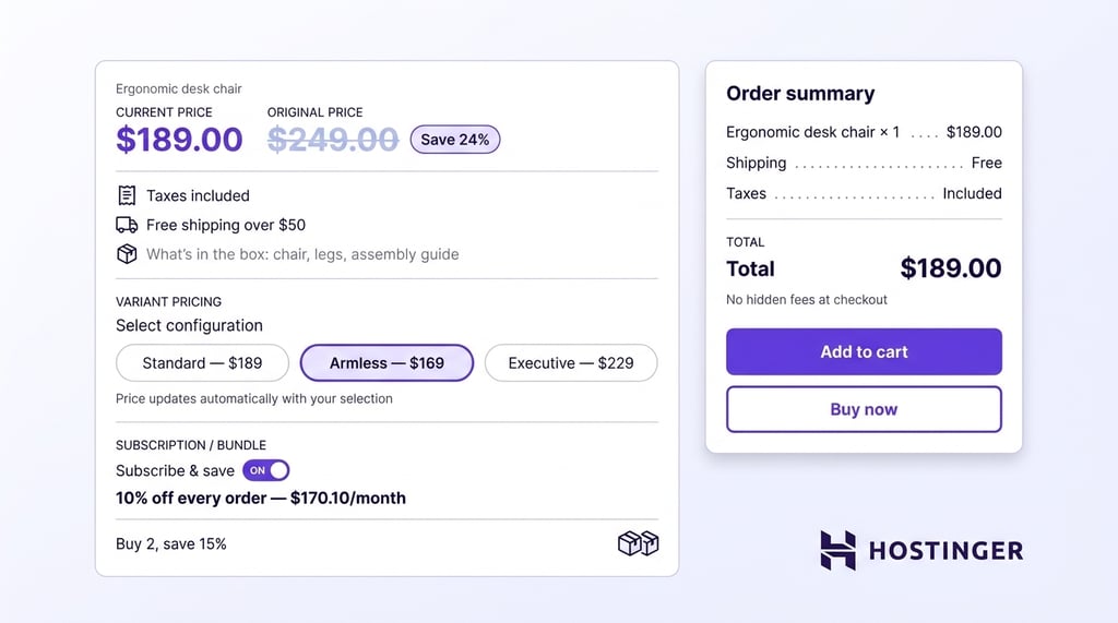 Ecommerce pricing section showing current price, struck-through original, discount badge, tax/shipping rows, variant selectors with auto-updating price, subscribe-and-save toggle, and an order summary card with total and CTA buttons.