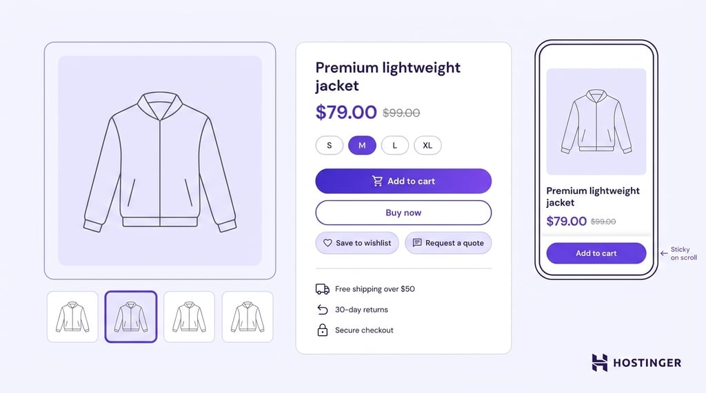 Desktop and mobile product page layouts showing a primary Add to cart button near price and variants, secondary wishlist and quote actions, and a sticky mobile CTA bar always visible on scroll.