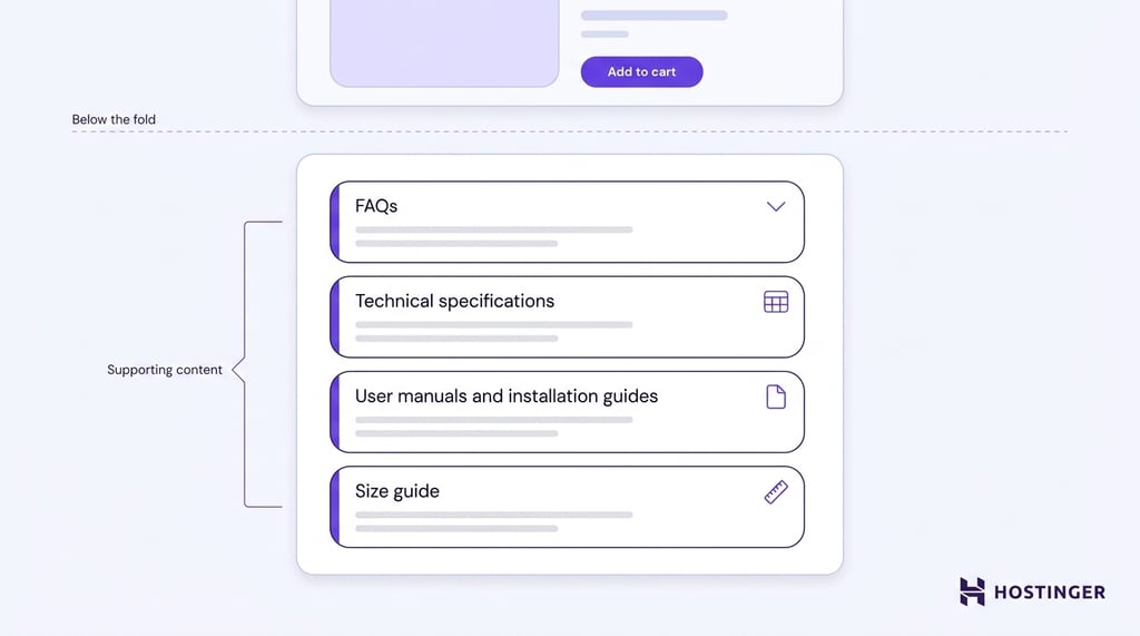 Product page layout showing four accordion sections below the fold — FAQs, technical specs, user manuals, and size guide — separated from the above-fold purchase area by a fold indicator line.