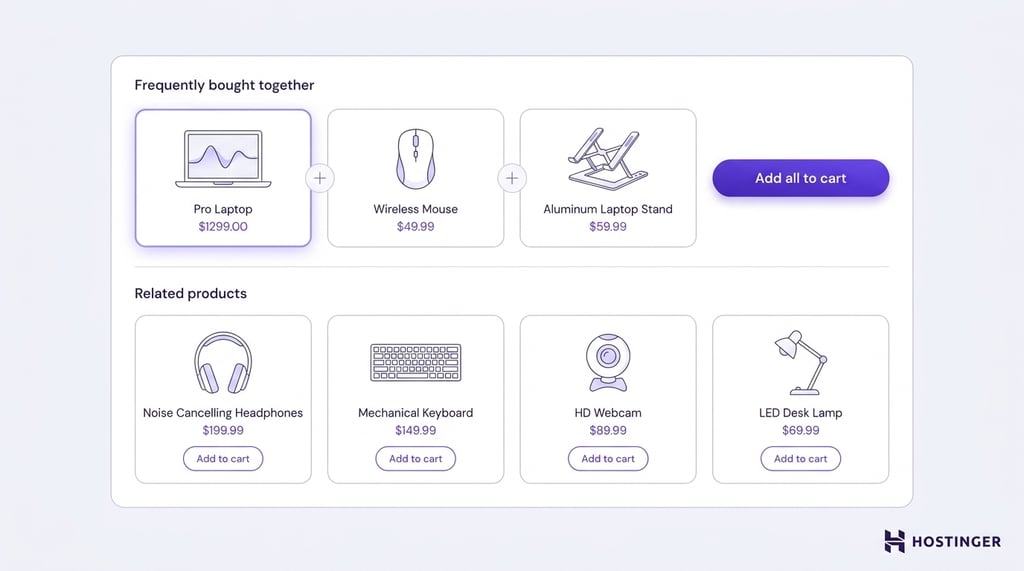 Ecommerce recommendations section showing a "Frequently bought together" row of three linked product cards with a bundle CTA, and a "Related products" row of four individual cards each with an Add to cart button.