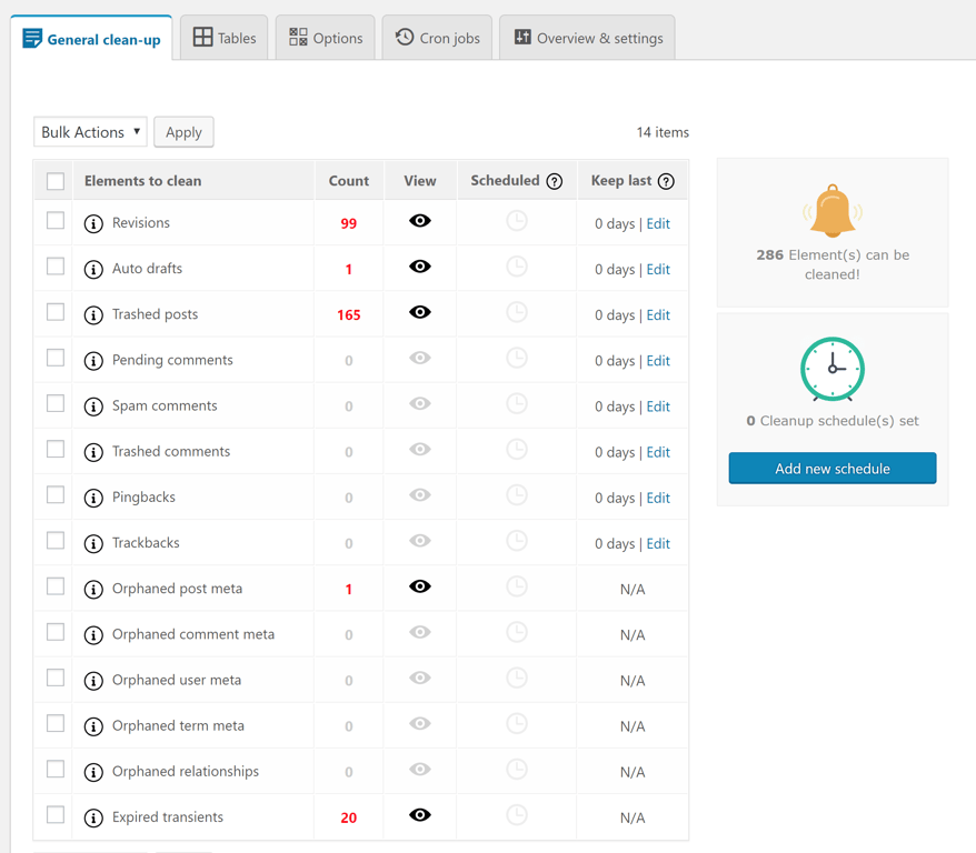 The Advanced Database Cleaner plugin dashboard showing the General clean-up tab.