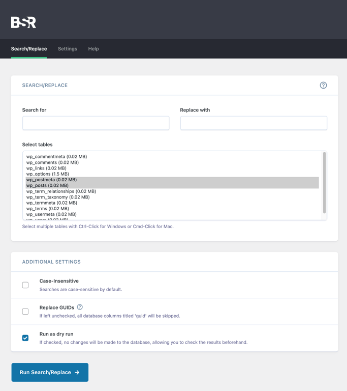 The Better Search Replace plugin dashboard interface