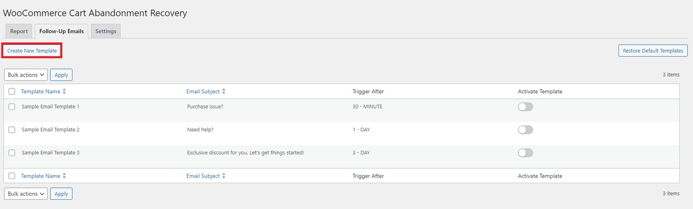 The Create New Templates button is highlighted on WooCommerce Cart Abandonment Recovery plugin dashboard.