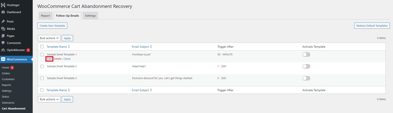 The Edit button of a WooCommerce Cart Abandonment Recovery email template is highlighted.