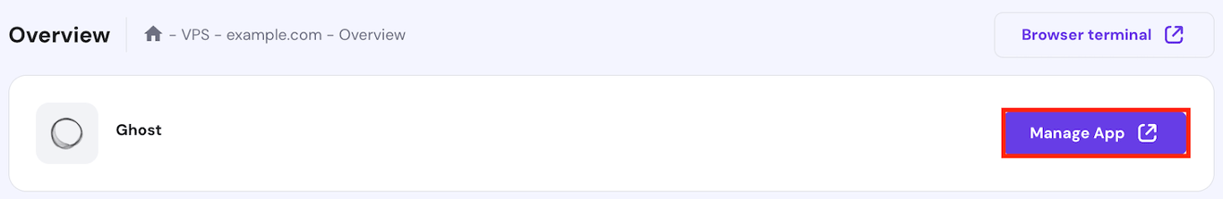 The Ghost dashboard acccess button on hPanel's VPS Overview page