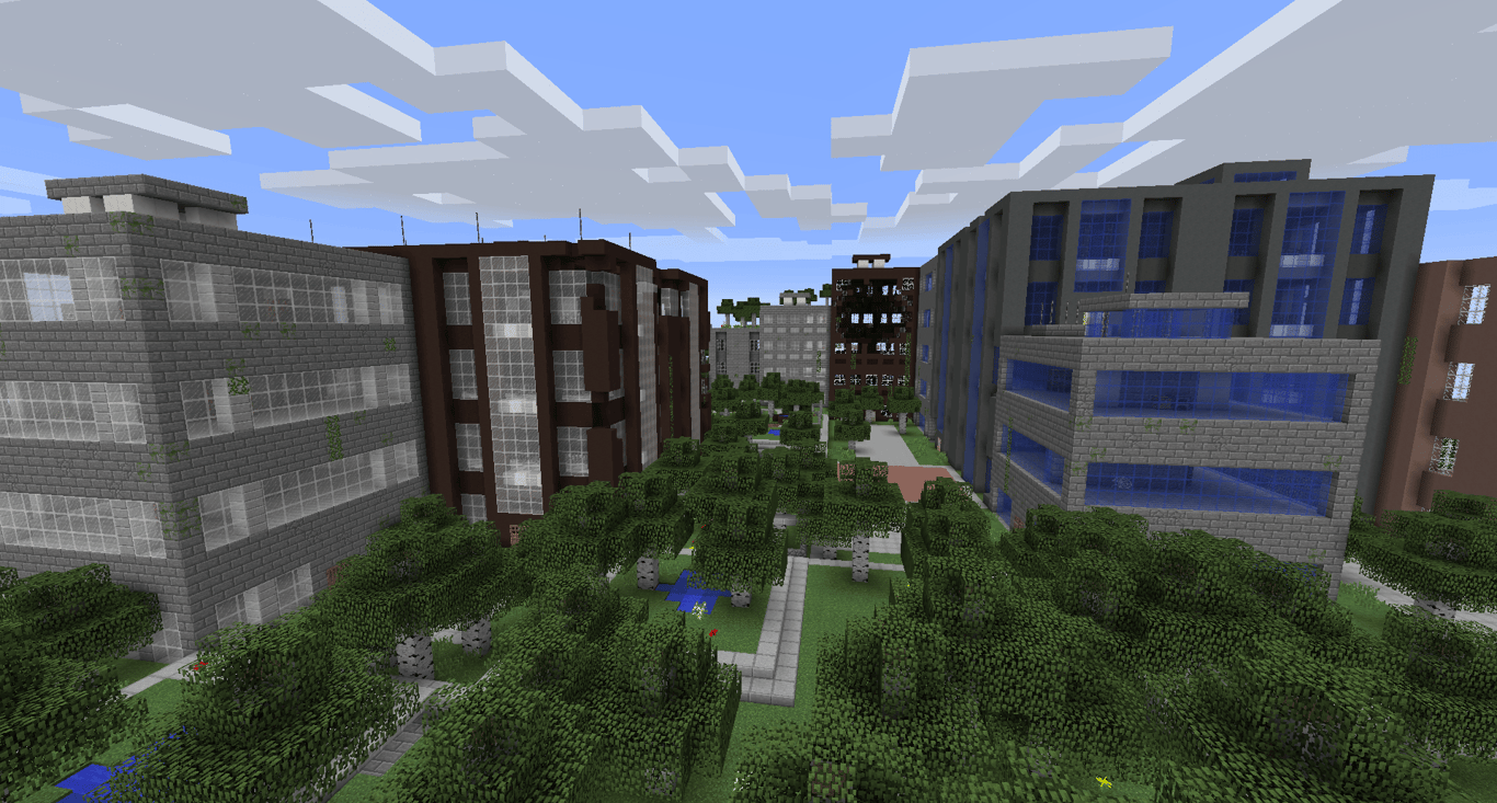 Minecraft image showing an abandoned city with high-rise buildings and trees occupying the space between them