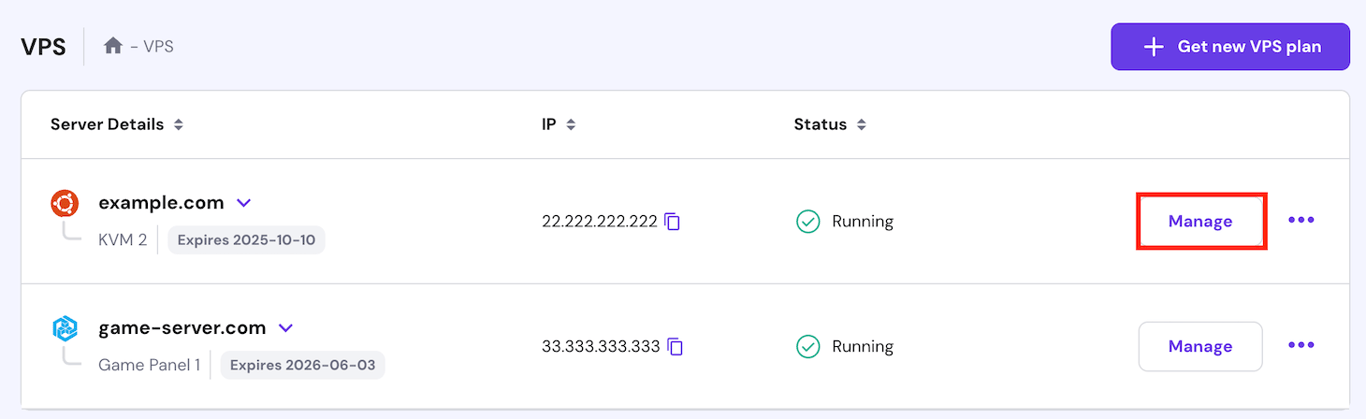 The Manage button on a VPS in hPanel
