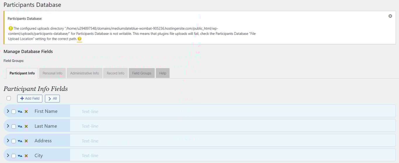 The Participant Database plugin's interface to manage database field