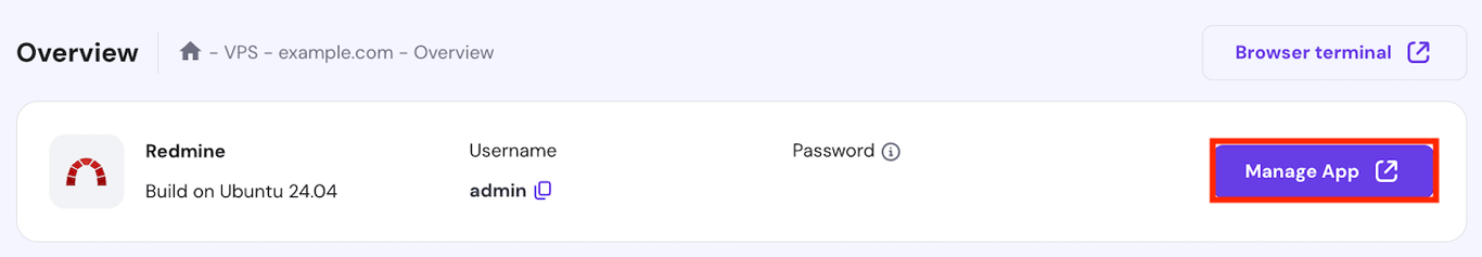 The Redmine dashboard access button on hPanel's VPS Overview page