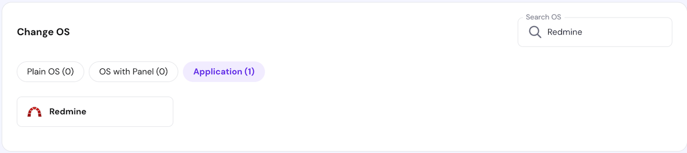 The Redmine VPS template on hPanel's operating system configuration page