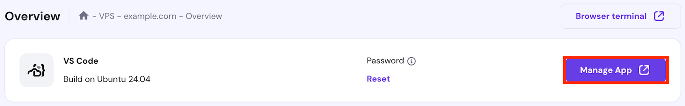 The VS Code dashboard access button on hPanel's VPS Overview page