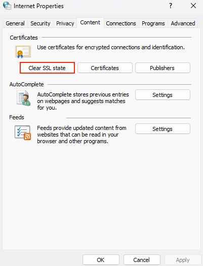 Windows' Internet Properties' Content tab with Clear SSL state highlighted