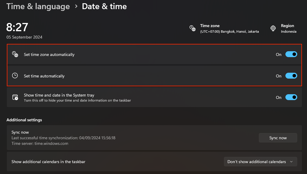 Windows Time and Language menu's Date and Time setting with the Set time zone automatically and Set time automatically options highlighted