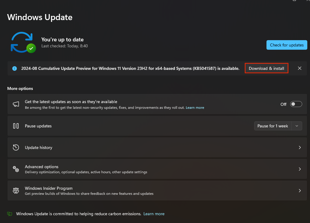 Windows update menu's Download and Install button highlighted