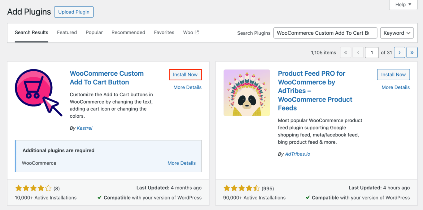 The Install Now button next to the WooCommerce Custom Add To Cart button plugin in the WordPress dashboard
