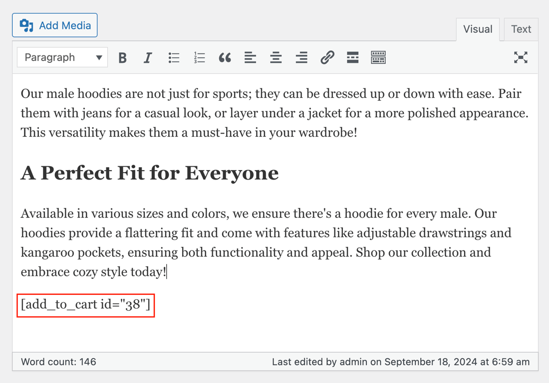The add-to-cart shortcode in the WordPress classic editor