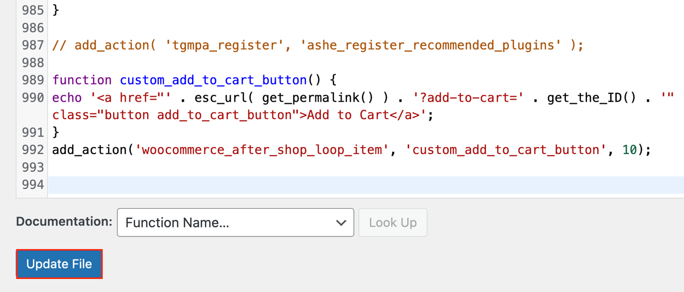The Update File button in the Theme File Editor menu of the WordPress dashboard