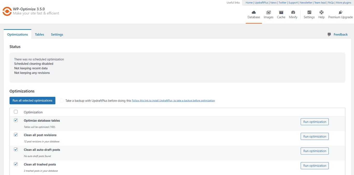 The WP-Optimize plugin dashboard