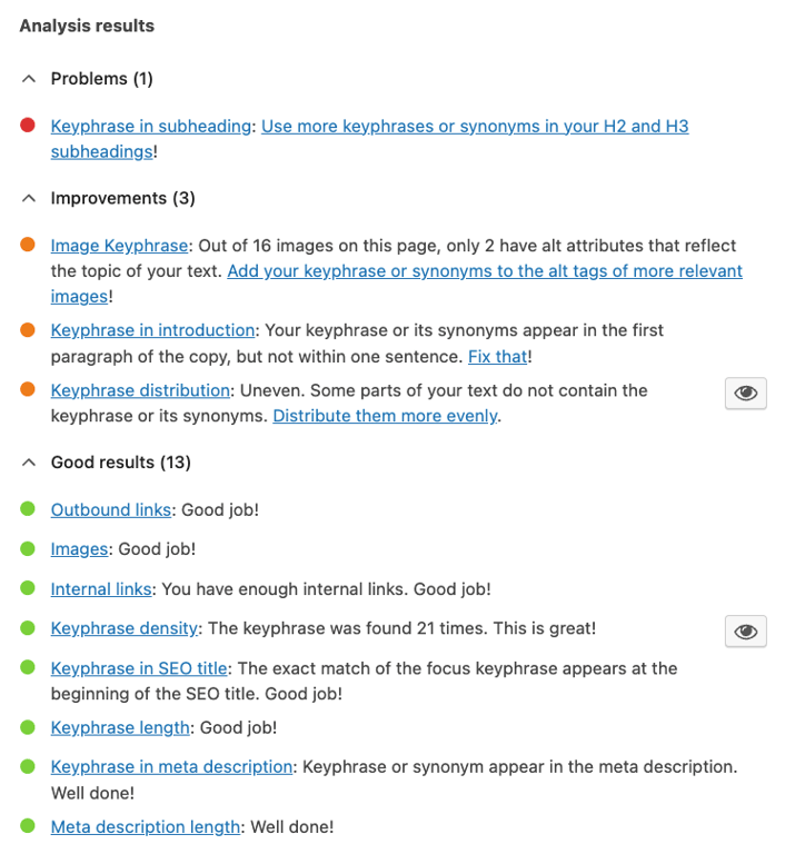 The page SEO performance analysis on Yoast