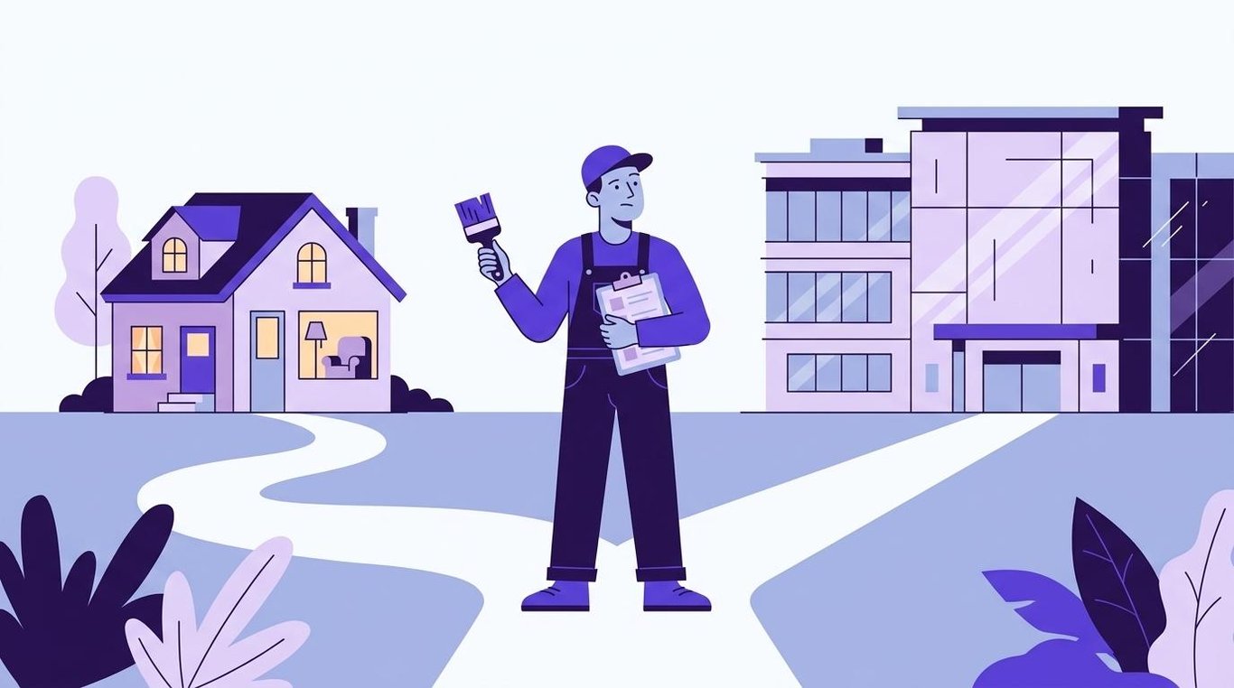 A painter stands between a residential home and a commercial building, brush and clipboard in hand — the moment of deciding which painting services to offer.