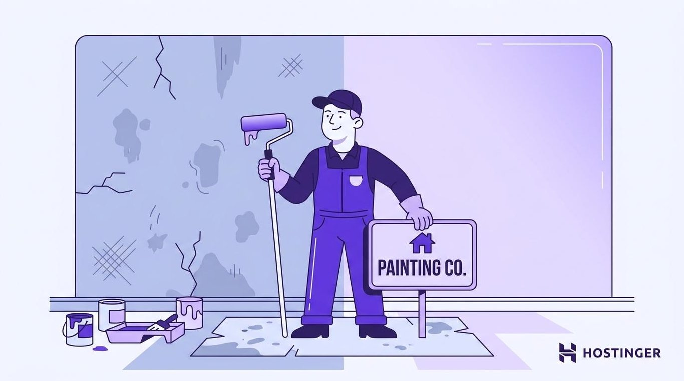A painter in coveralls stands before a wall that is half old and scuffed, half freshly painted, holding a roller and a yard sign — the moment a job is finished and the business is ready for the next client.