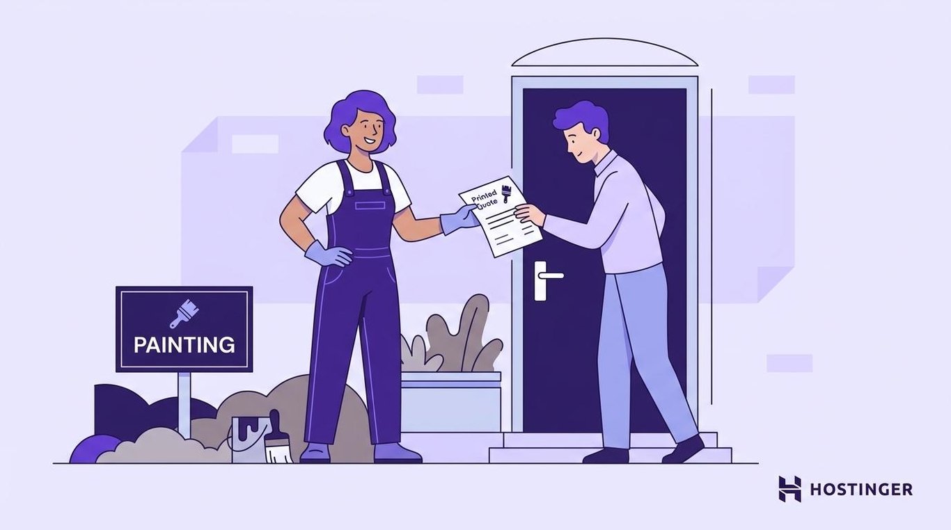 A painter in coveralls hands a printed quote to a homeowner at their front door, with a yard sign visible in the garden — the moment a new painting business earns its first client through a direct, personal interaction.