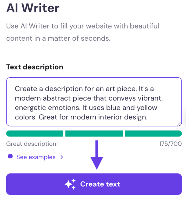 Using the Hostinger AI Writer to generate art descriptions