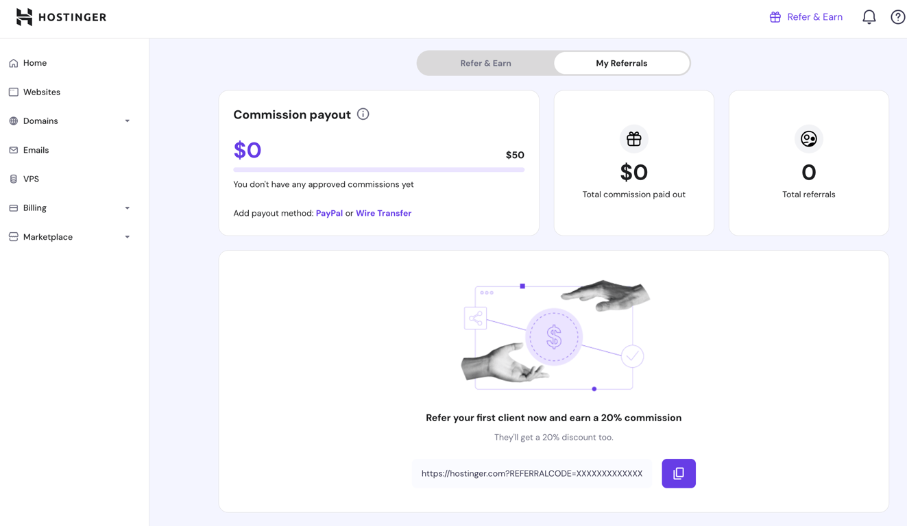 Hostinger referral program page in hPanel 