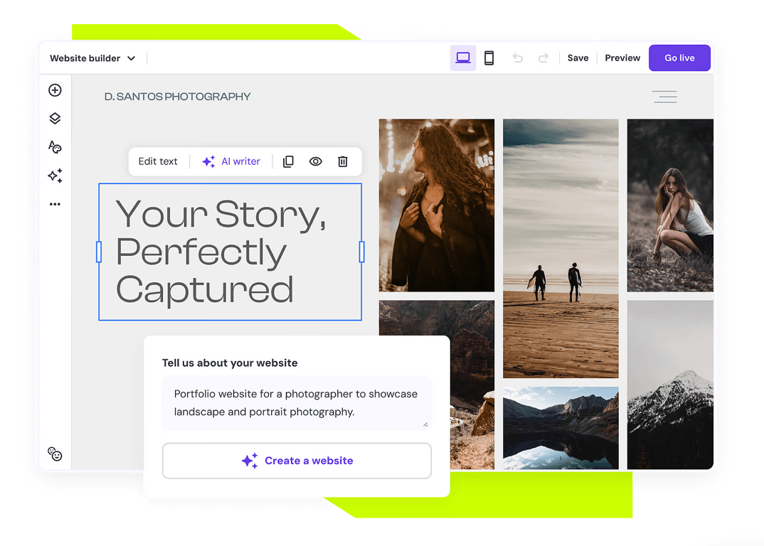 Mockup of Hostinger Website Builder editor for a photography website