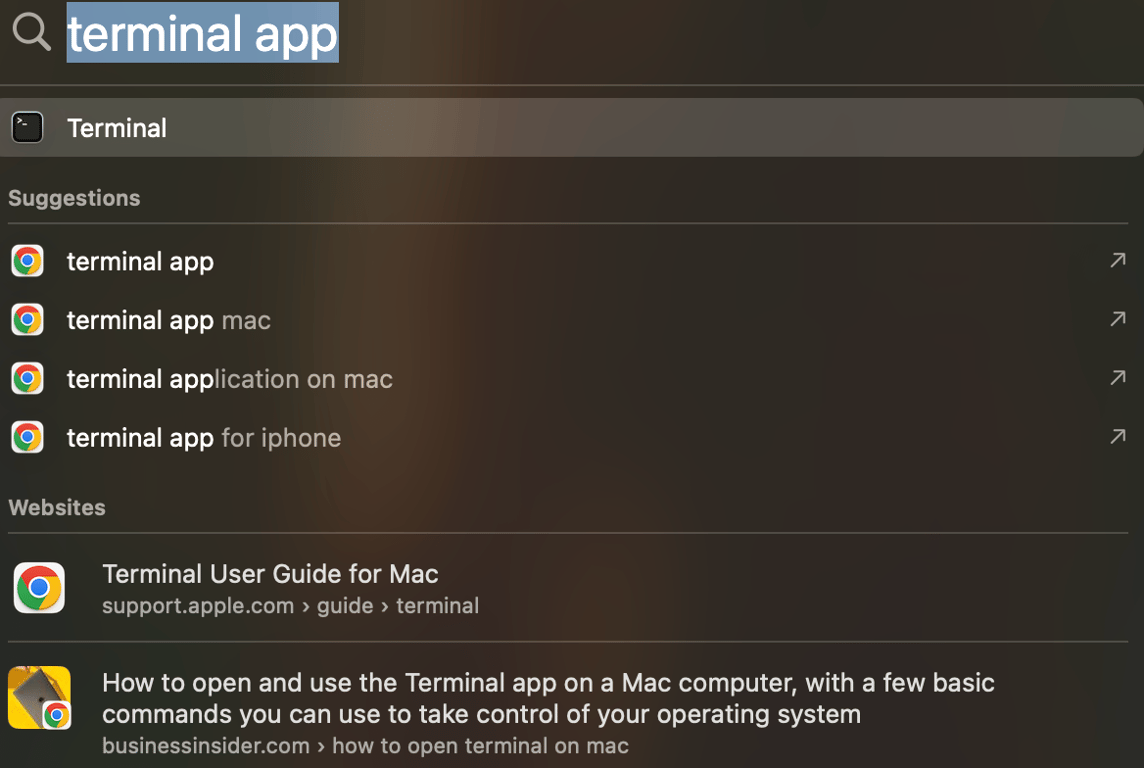 Searching for the Terminal app in macOS