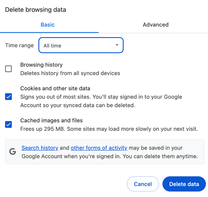 The options to delete browsing history, cache files, and cookies in Chrome