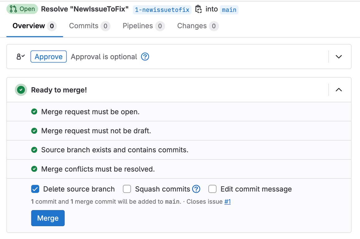 A ready-to-merge request in GitLab