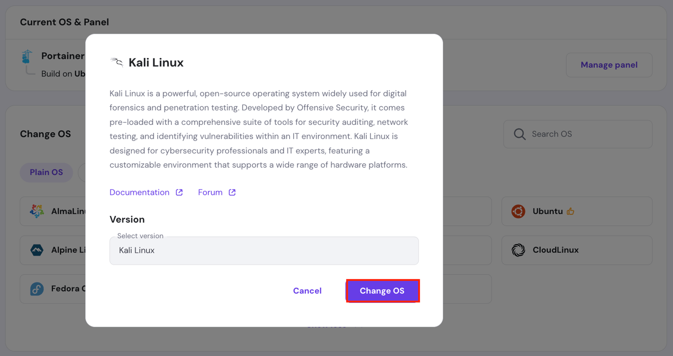 The Change OS button after selecting Kali Linux in the Operating System page of hPanel's VPS