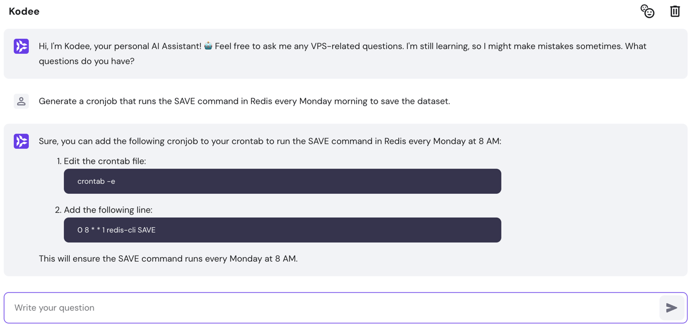 Kodee returns instructions and commands to schedule a Redis task using cronjob