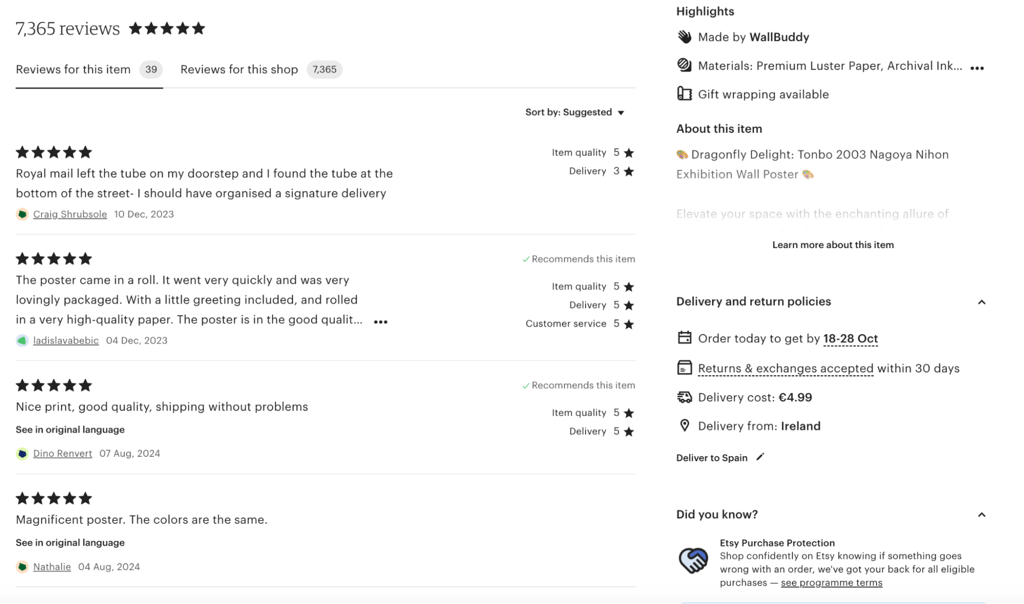 Customer reviews, example from Etsy