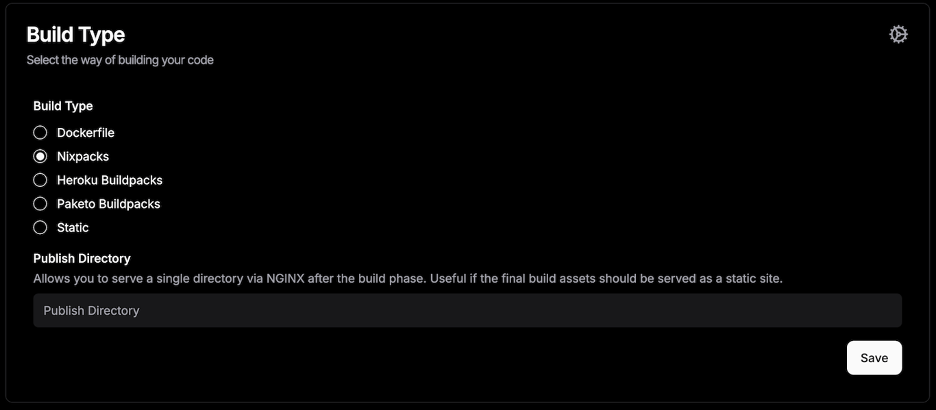 Dokploy's build type list on the deployment menu