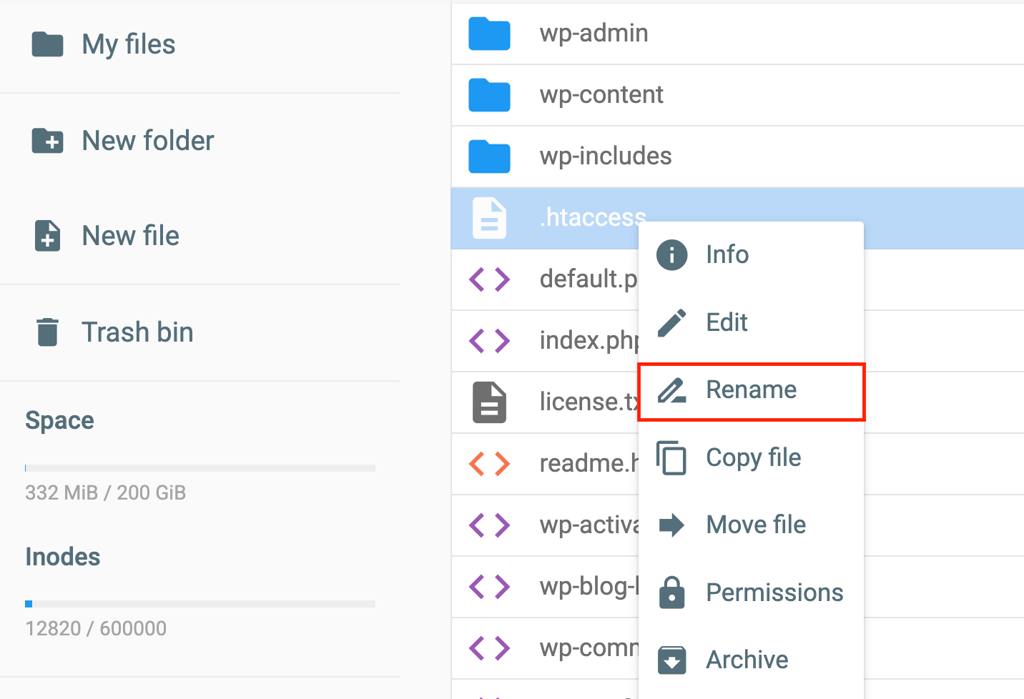 The Rename option in a file manager