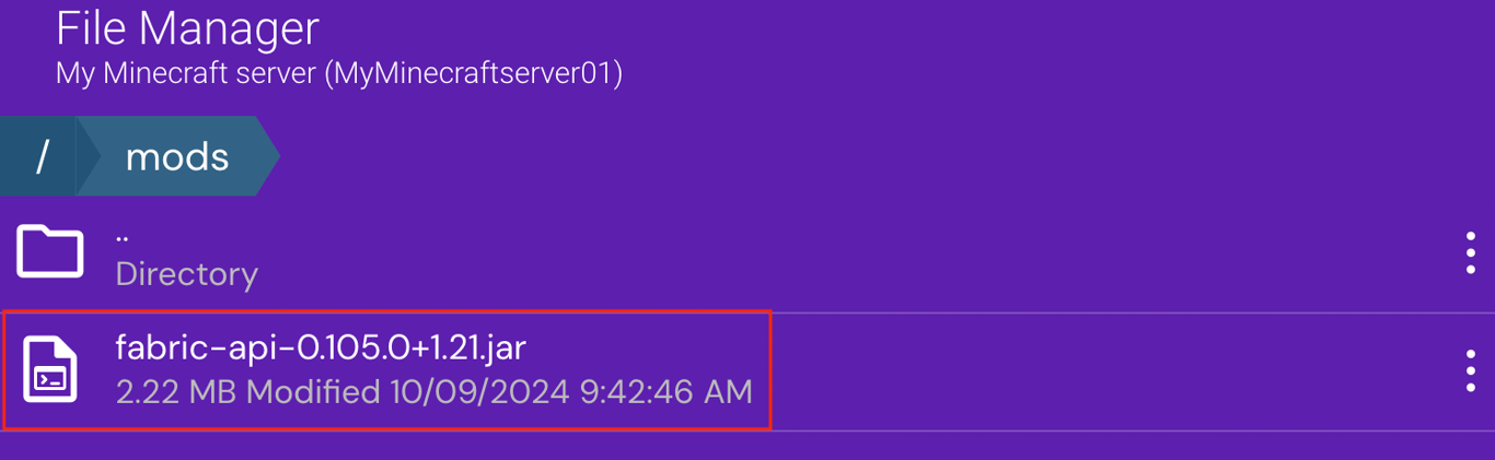 The Fabric API file in the mods folder of Game Panel's File Manager