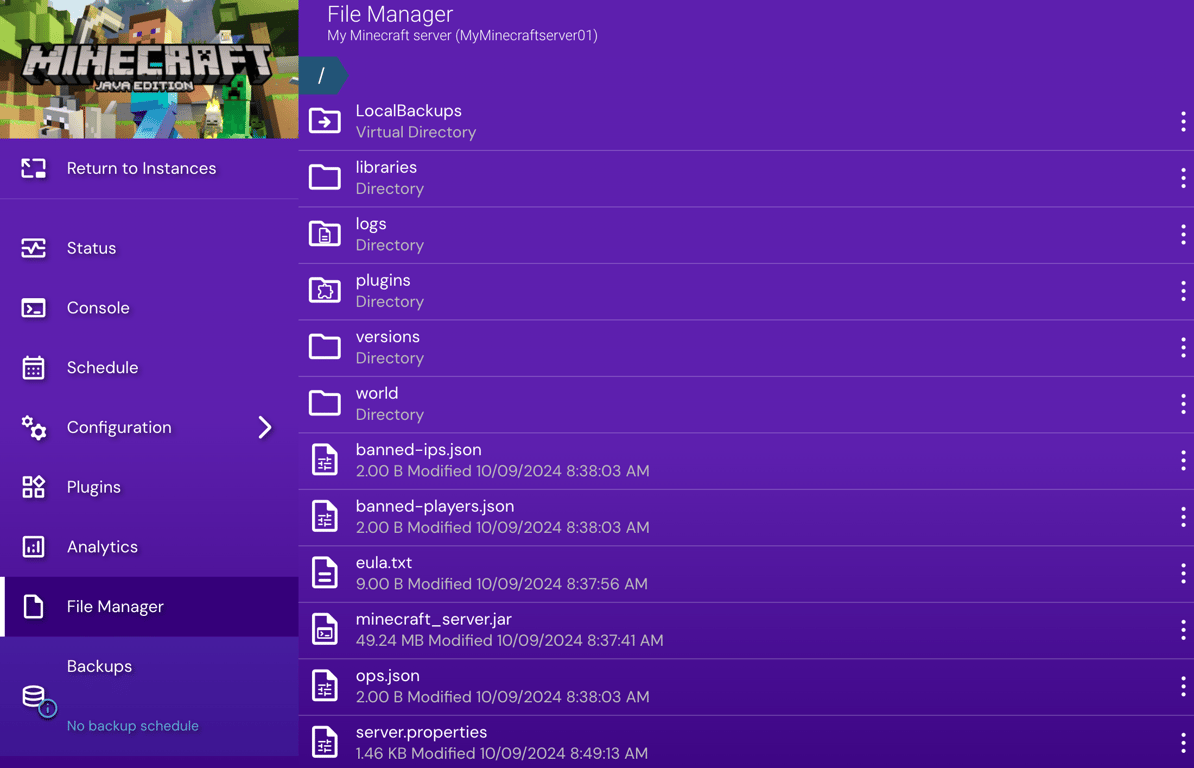 The File Manager menu in Game Panel
