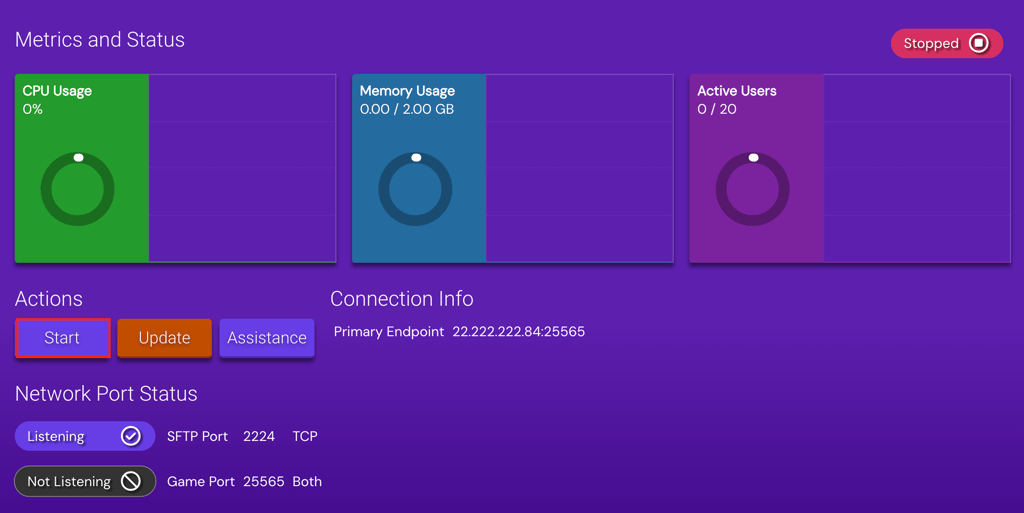 The Start button in Game Panel