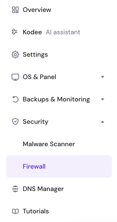 VPS menu dashboard on hPanel