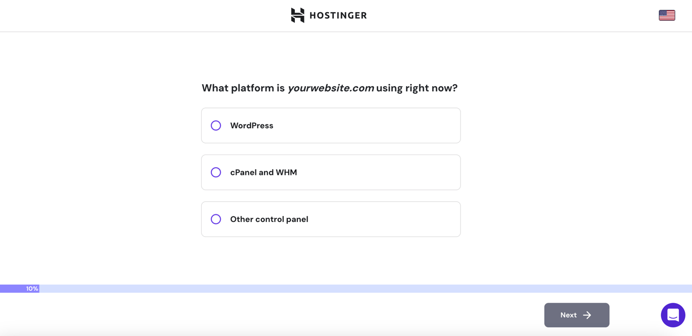 Hostinger migrations onboarding select website platform page