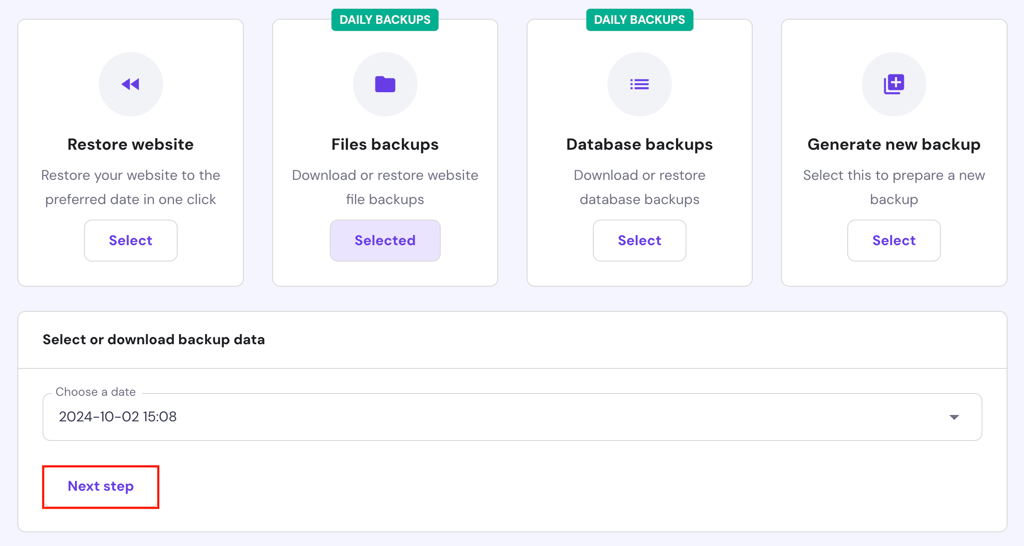 The Next step button in hPanel