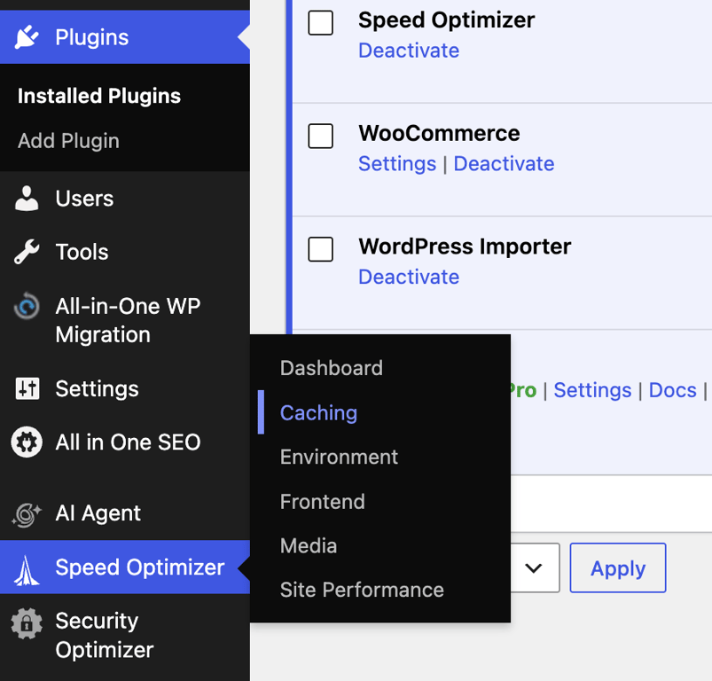 WordPress plugin screen showing Speed Optimizer and its Caching submenu option.