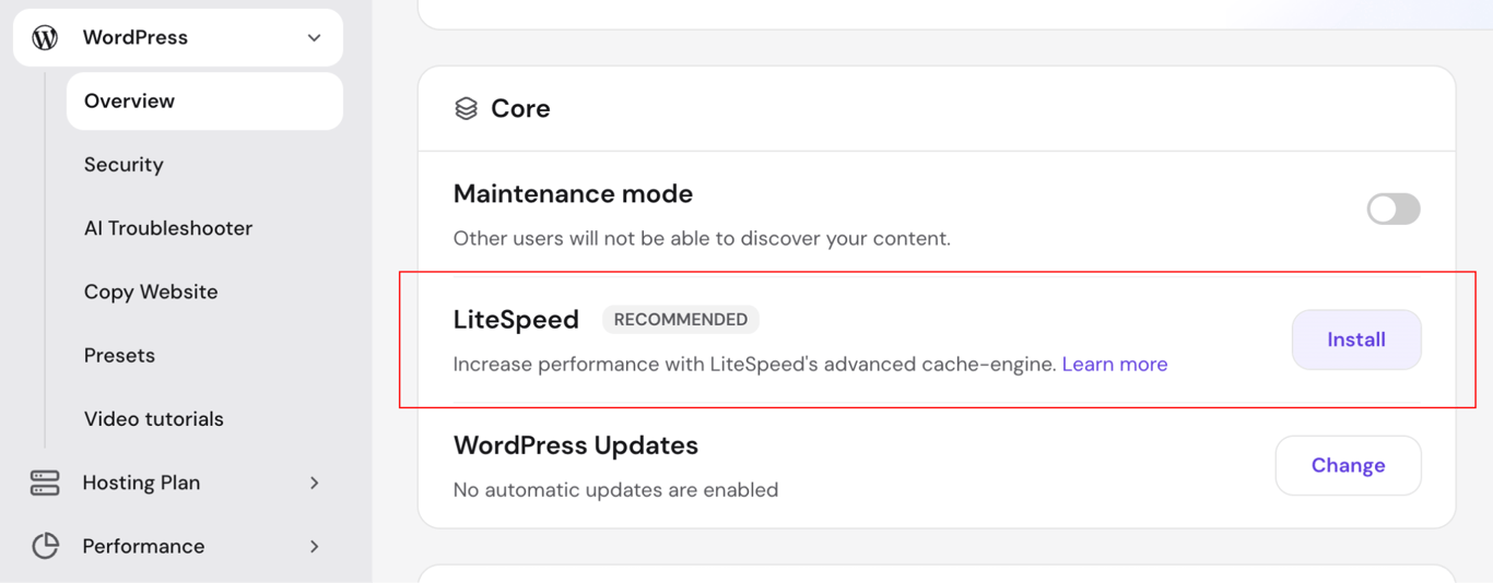 Hostinger WordPress Overview with the LiteSpeed setting and an Install button.