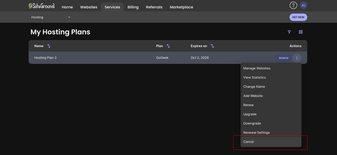 SiteGround hosting plan Actions menu with Cancel highlighted.