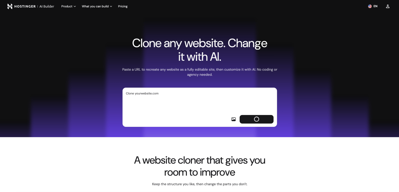 Hostinger AI Website Cloner page with a website URL field and the heading &ldquo;Clone any website. Change it with AI."
