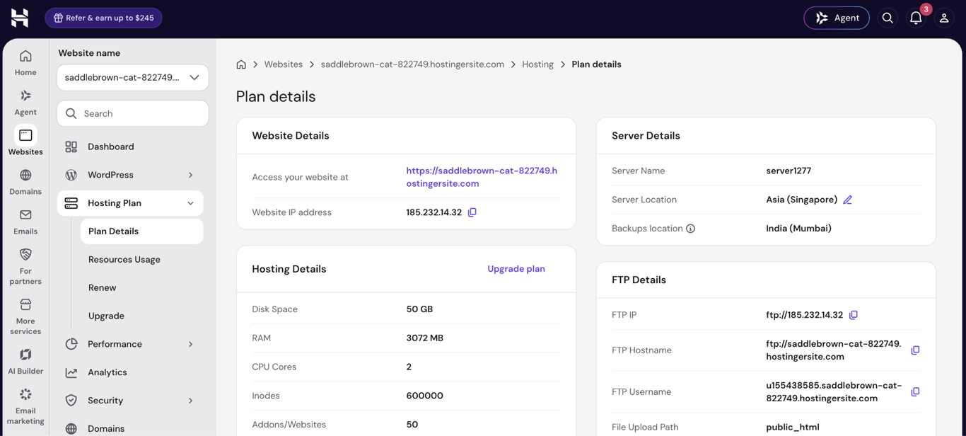 Hostinger Plan details page showing the website IP address and hosting and server information.